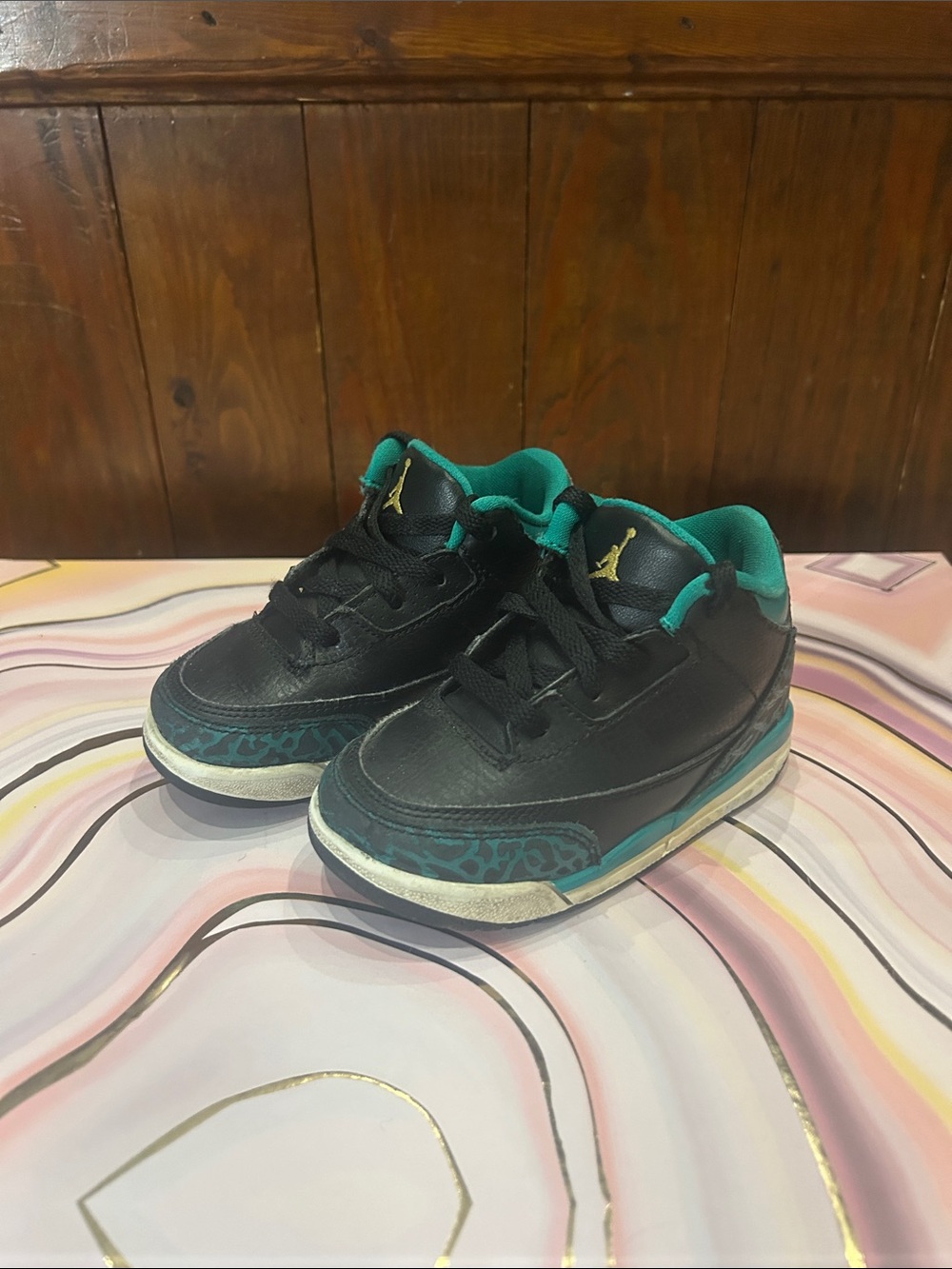 Air Jordan 3 Retro Toddler Black & Teal Sneakers - Sze 7C